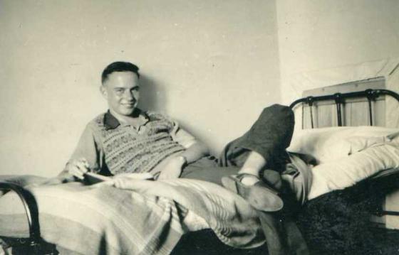Jim McLauhghlin taken soon after I moved into the Mclaughlin home. This is my bed and my drawing board is standing at the head end.
