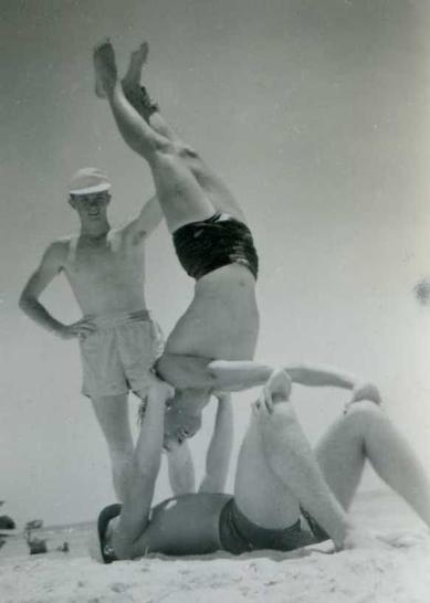 Impressing the girls – Malcolm McKercher, Jim (upside down), Wilf on the ground