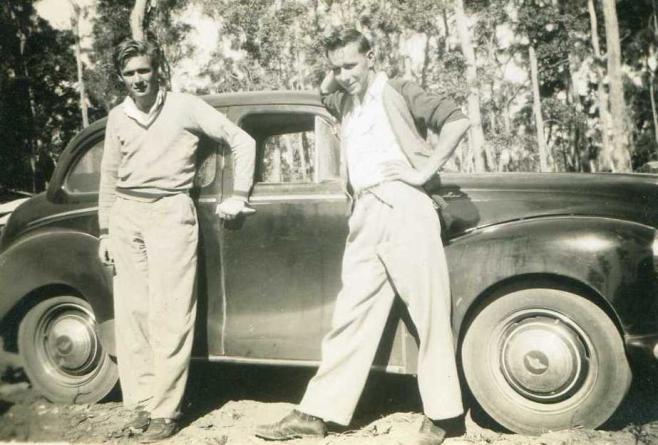 On our trip in the timber country. Keith Chesson and Jim and my Austin A40