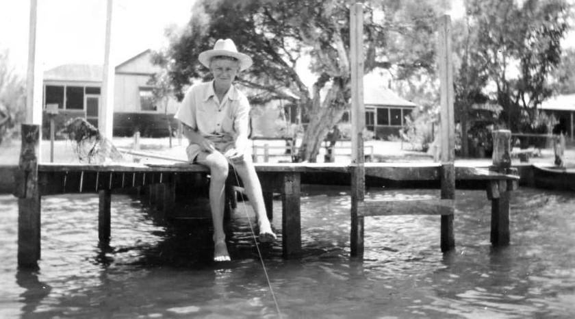 Me – fishing from our jetty at Yunderup; our cottage directly behind