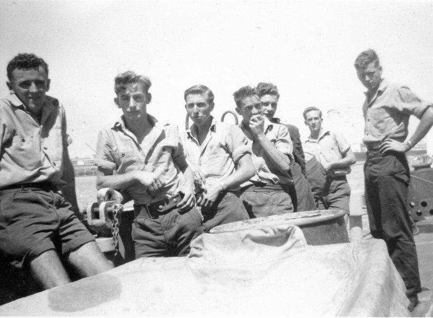 Off-duty Nasho Stokers on quarterdeck – Brian Haigh, Mike Foster, Greg Caldwell, Ron Whitcombe, Chas Hannaby, Nev Parker and Bryce Hanley