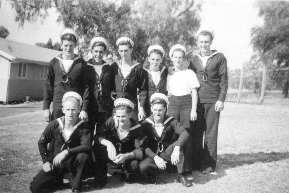 At HMAS Leeuwin Keith Potter, Doug Leicester, Johnny Warburton, Ron Witcombe, Nev Parker, Bob Rand, Vic Kelly, Barry Oldham, Ray Young. (Caps on the back of the head – very pusser so long as you do not get caught)