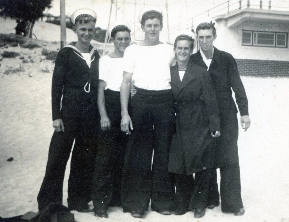 On ‘back beach’ (surfing) at Bunbury – Bob Skitch, Ray Young, Keith Potter, Nev Parker, Johnny Warburton.