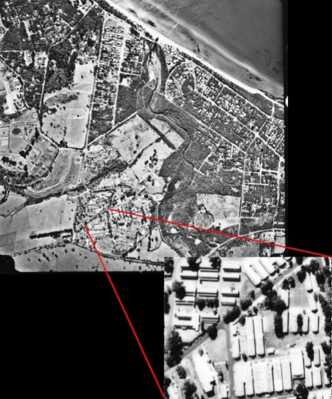 Balcombe Camp: Nepean Highway is at the bottom of the main aerial photo with the part occupied by the School of Survey in the enlarged inset. Mace oval is just off the highway and *‘The Briers’* south of the highway. The married quarters can be seen clustered north of the School. Port Phillip Bay and the Balcombe beach in the northern corner.