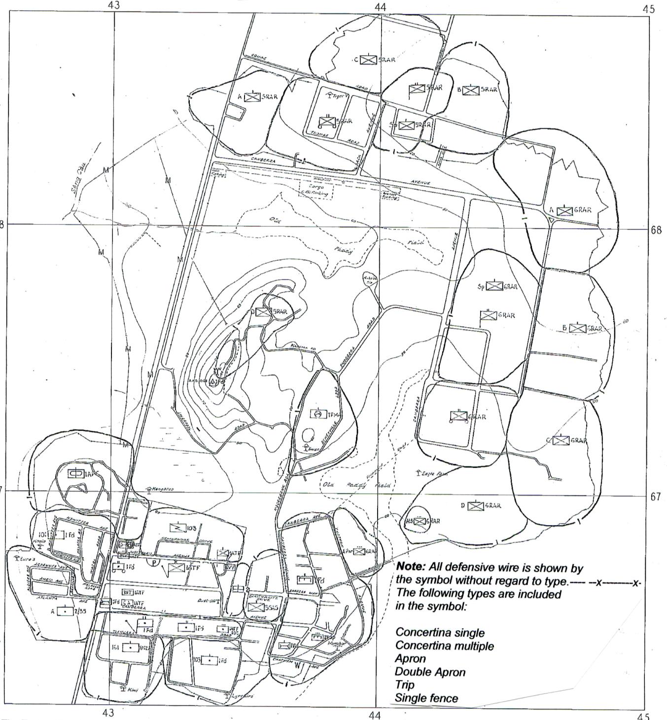 The Tactical Symbol version of the Cantonment Map Simplified and reduced. Produced in about April 1967. This copy from AWM data base.