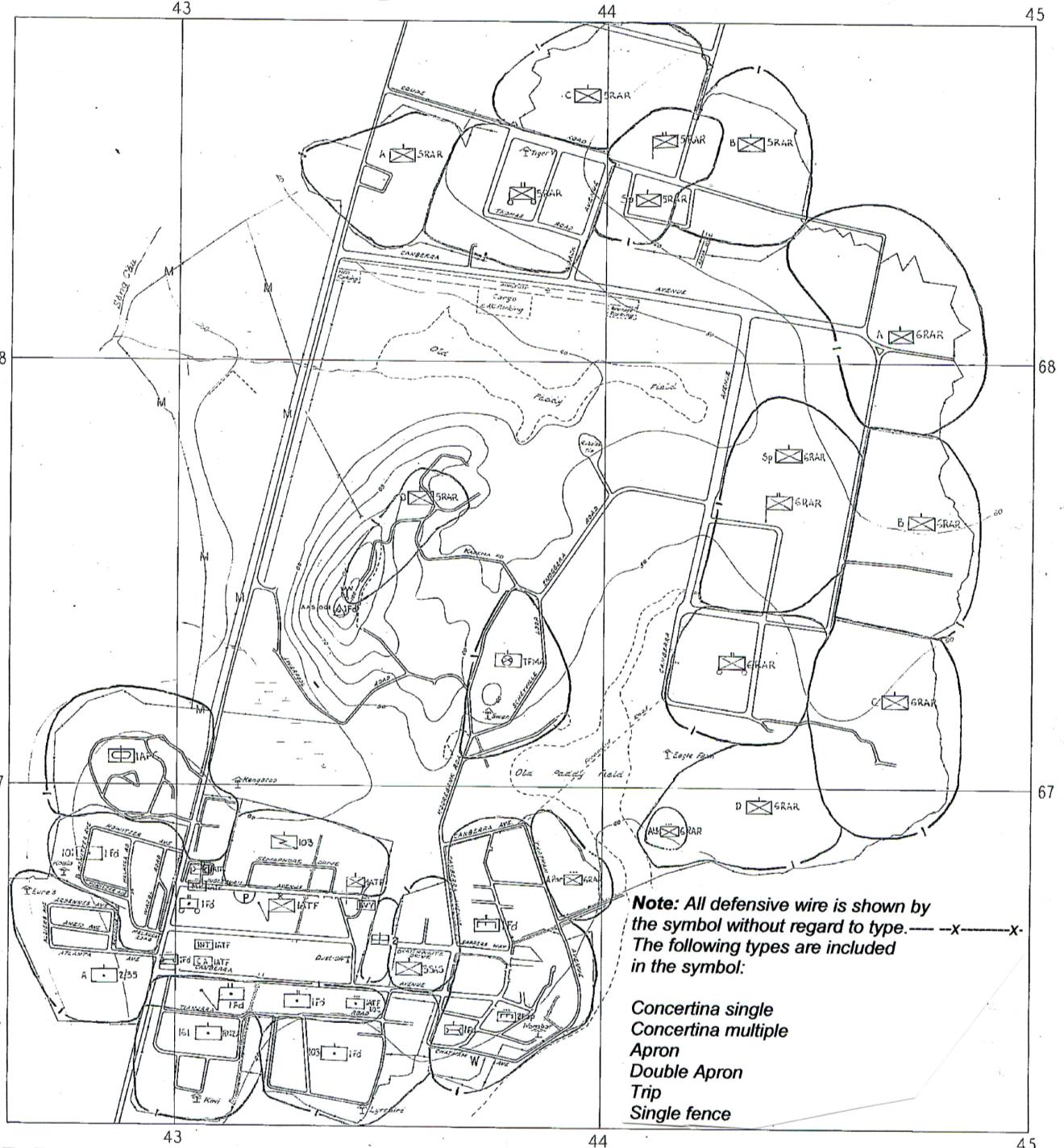 The Tactical Symbol version of the Cantonment Map Simplified and reduced. Produced in about April 1967. This copy from AWM data base.