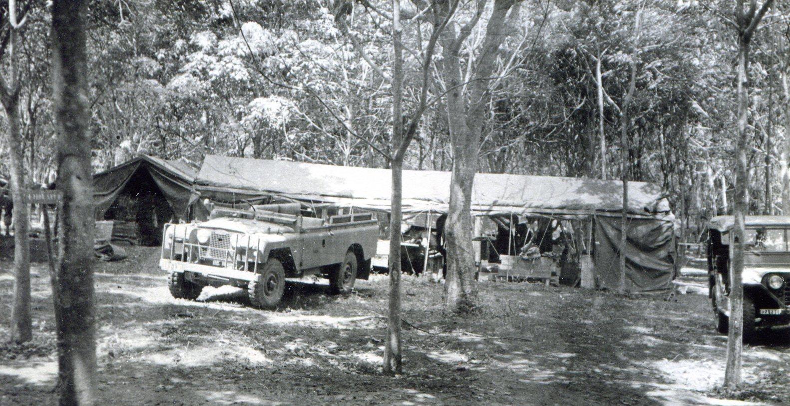 Detachment 1 Topo Svy Tp – first location off Ingleburn Avenue. Our draughting work tent. Note the paulins folded up onto the roof – to be dropped down over the sides for night work.