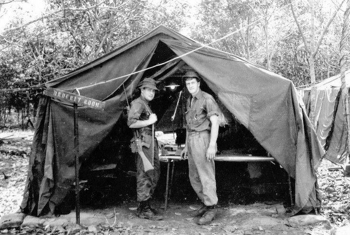 Sappers Ron Smith and John (Boots) Campbell at our first orderly room