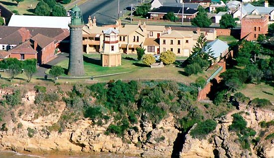 Aerial view of the Fort and College from the ocean cliff. The town of Queenscliff beyond.