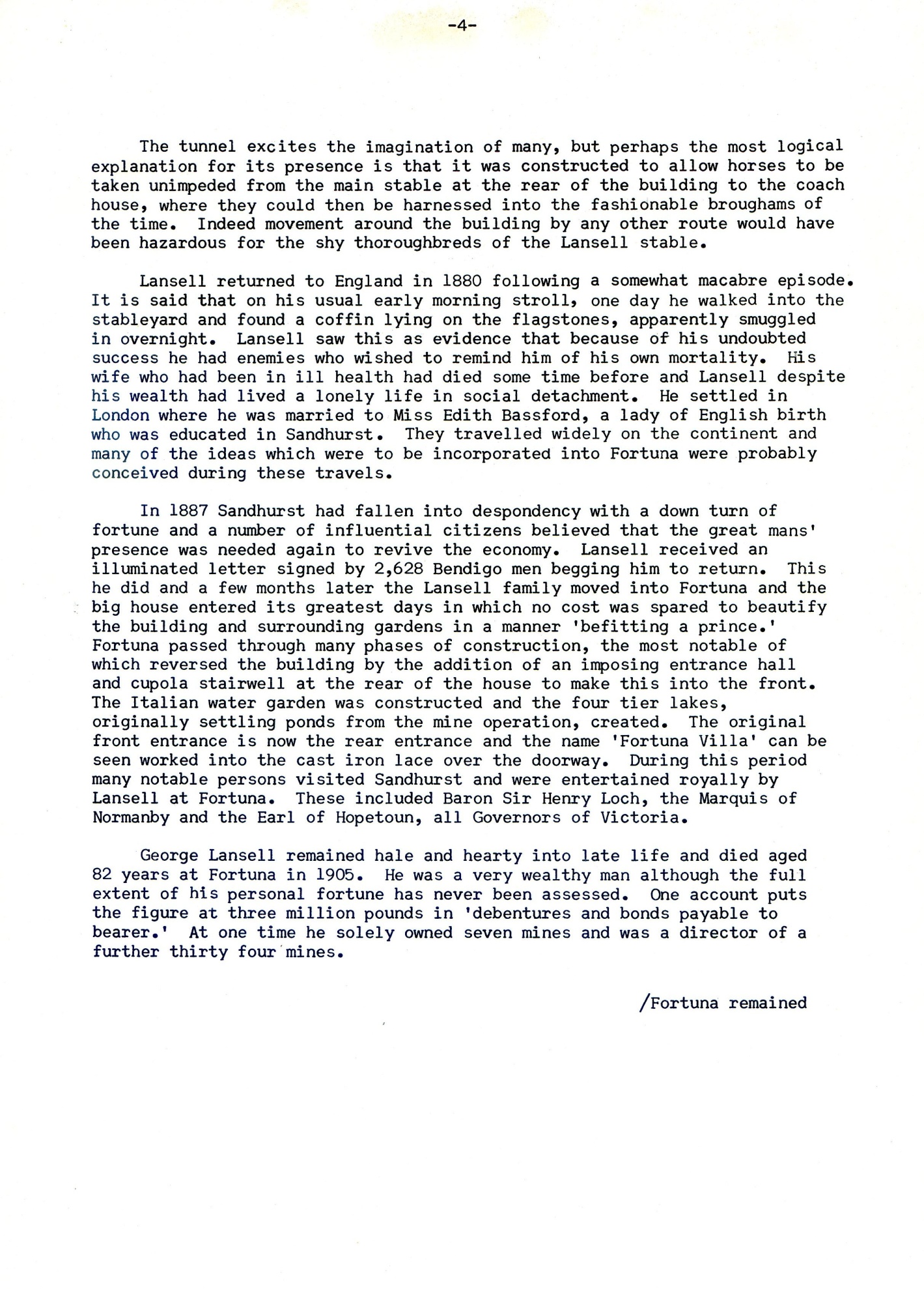 The publication below with the title *‘Lansell’s Fortuna’* was created for the commencement of the regular tours of Fortuna Villa described in the forgoing text (Open Days and their Successor – page 8