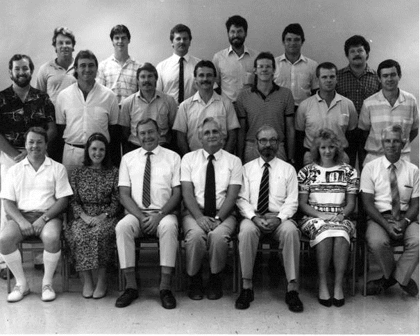Our cartographic and photogrammetric sections about the time of our move to Wooloongabba. I am the hirsute gentleman in the front row, Hans Nurenburg is to my right and Alan Sparkes on my left at the end of the front row. I know many of the other faces but cannot remember the names.